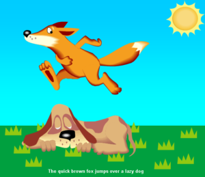 Bright cartoon of "the quick brown fox jumps over the lazy dog"