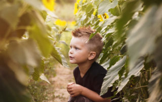 boy crouched down in a field of sunflowers