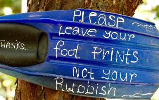 Leave footprints not rubbish written on piece of plastic stuck in a tree