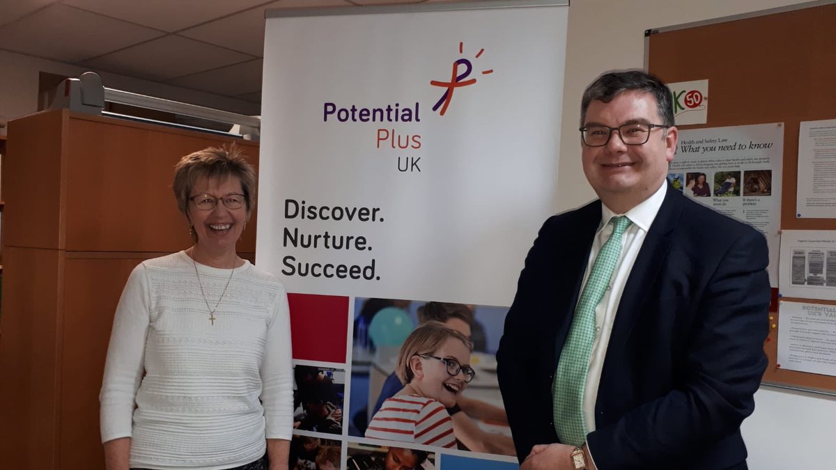 Julie Taplin with local MP Iain Stewart on a visit to Potential Plus UK offices February 2019