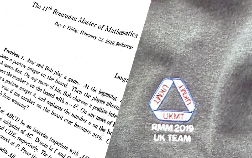 Romanian Master Maths Competition 2019. Part of maths paper and logo on sweatshirt of the UK team