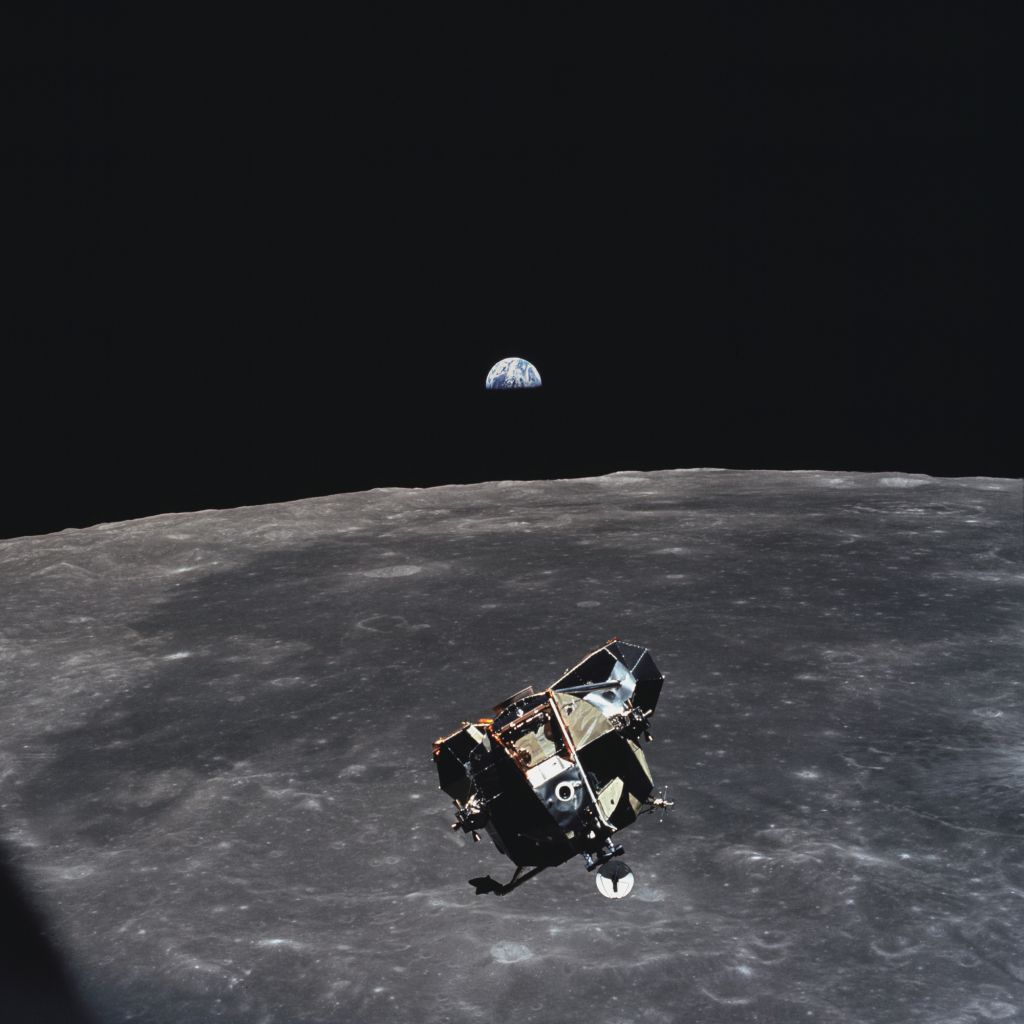 The Apollo 11 lunar landing module Eagle, containing Neil Armstrong and Buzz Aldrin, photographed by Michael Collins from Columbia command module during rendezvous operations on July 21, 1969