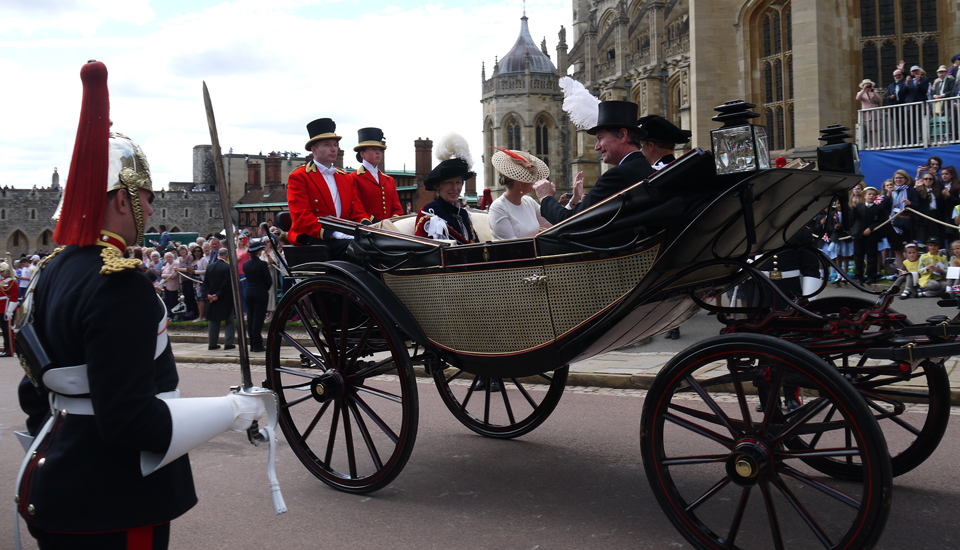 Princess Anne, Vice Admiral Sir Timothy Laurence, Prince Edward, Sophie Countess of Wessex in a carriage during Garter Day 2019 procession