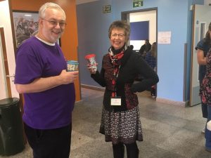 Chair of Potential Plus UK Trustees, Steve Ramsden and Chief Executive Julie Taplin having a quick coffee break at Potential Plus UK's BIG Family Weekend, 2019