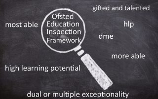 Blackboard with Ofsted Education Inspection Framework under a magnifying glass. Other words like high learning potential, gifted and talented, more able etc surround it