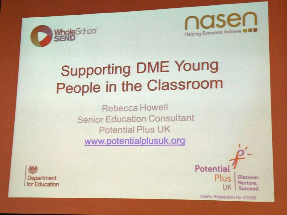 Slide stating "Supporting DME Young People in the Classroom" from a training course given by PPUK in conjunction with Whole School SEND