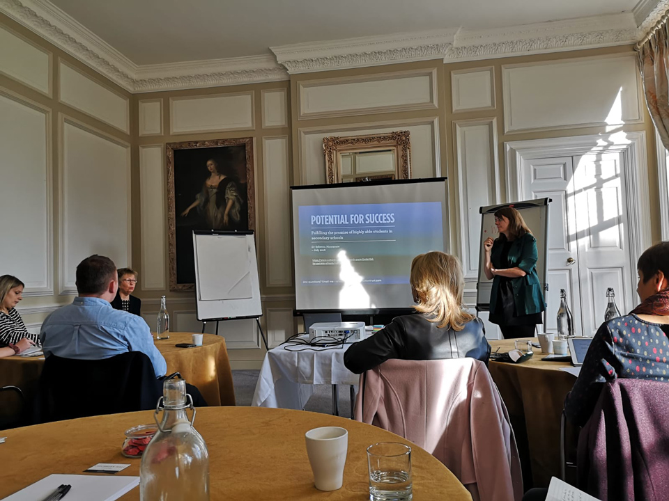 Rebecca Montacute of the Sutton Trust addresses the Working Together to Support Disadvantaged More Able Young People in Milton Keynes meeting at Chicheley Hall, November, 2019