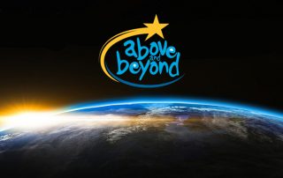 above and beyond logo hovering in the blackness of space above the curve of the planet earth