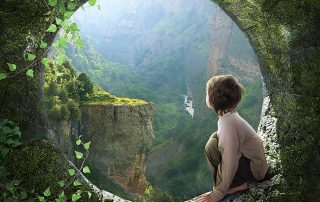 fantasy drawing child on a sill looking out at amazing natural world
