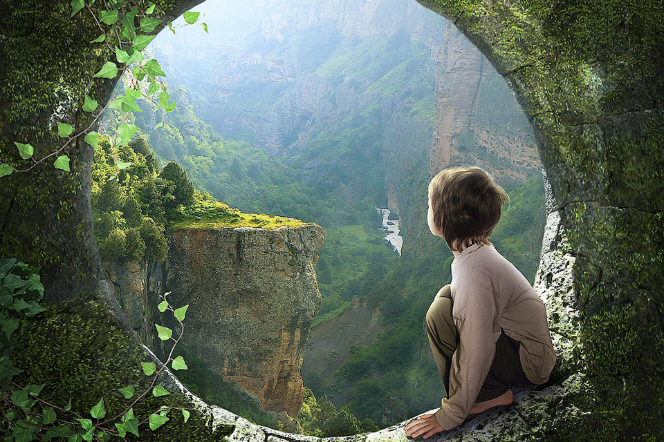 fantasy drawing child on a sill looking out at amazing natural world