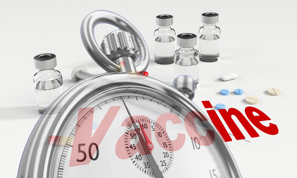 stopwatch, word vaccine and serum bottles and pills
