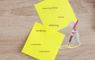 Little white figure writing with an overlarge pen on post-it notes words like working, memory, information, process