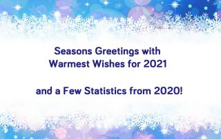 A wintry graphic with the words Seasons Greetings with Warmest Wishes for 2021 and a Few Statistics from 2020!