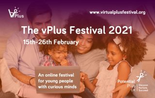 vPlus Festival Title Page with family on sofa looking at laptop