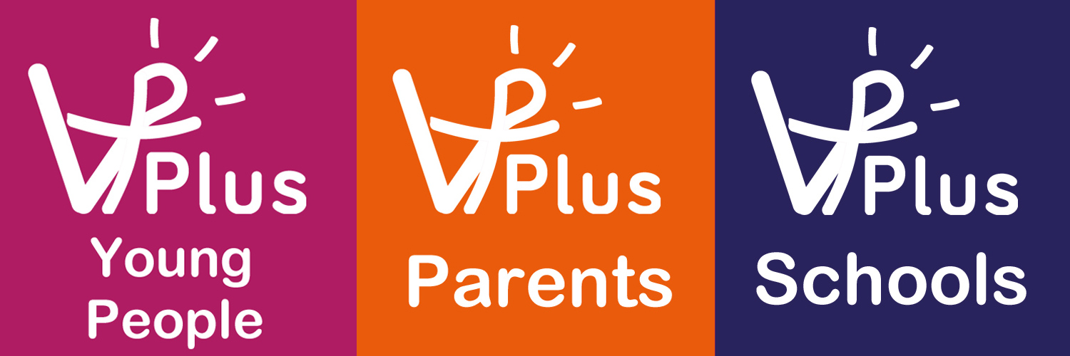 tryptich of vPlus Logos for young people, parents and schools