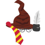 Harry Potter sorting hat, gryffindor tie, glasses, ink and feather pen