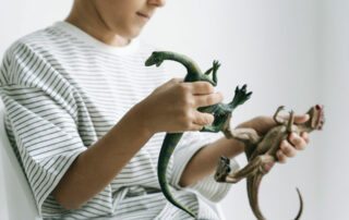 teenager playing with dinosaurs