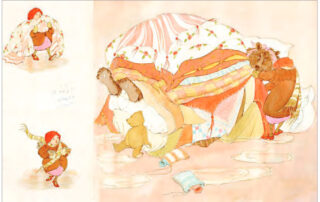 full illustration of a page from Gillian McClure Bruna showing the bear in bed and a human child looking after it