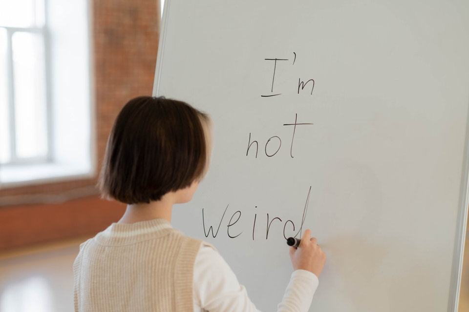 Girl standing in front of a sheet of paper writing I'm not weird