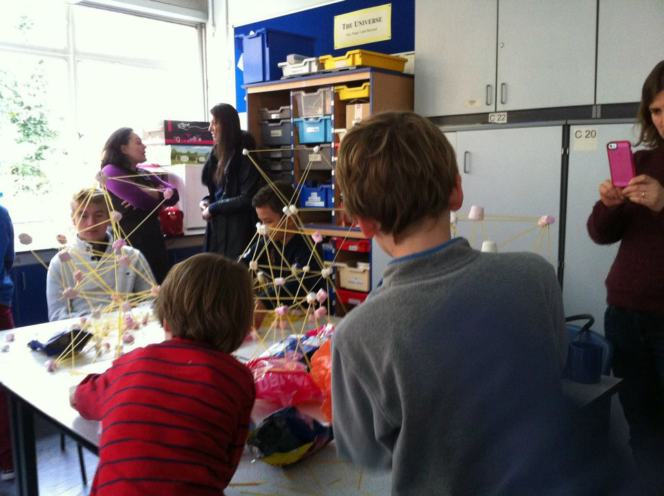 children's club building with spaghetti and marshmallows