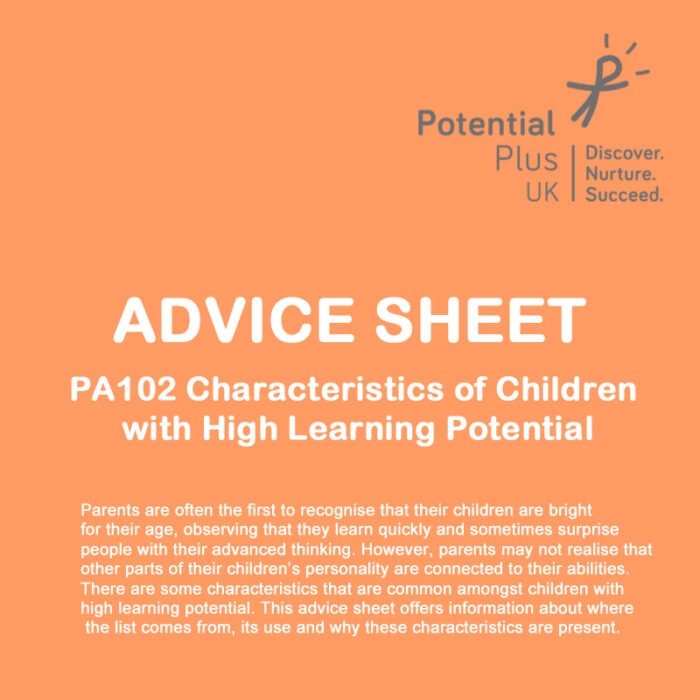 front cover advice sheet PA102 Characteristics of Children with High Learning Potential