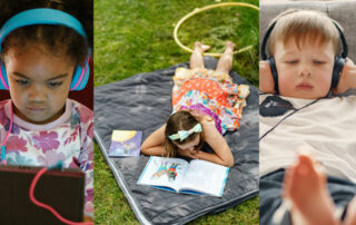 children watching tablet, reading, listening through headphones