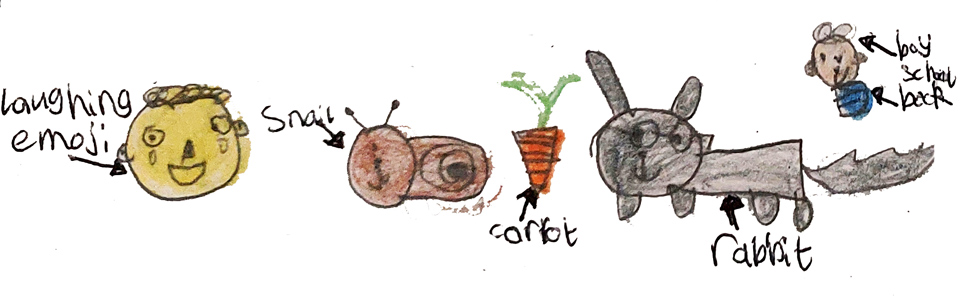 laughing emoji, snail, carrot, rabbit, boy holding a school book. Illustrations of jokes by Jayce aged 5