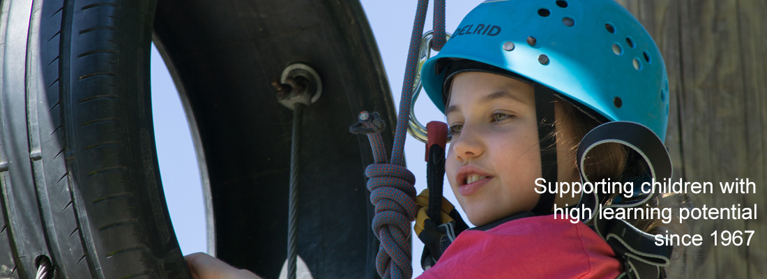 child wearing helmet at top of an adventure climbing frame holding onto a tyre. Wording: supporting children with high learning potential since 1967