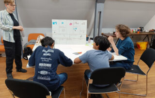 three teenage boys and project leader discussing work around a table during Potential Plus UK's Young Leaders programme 2024