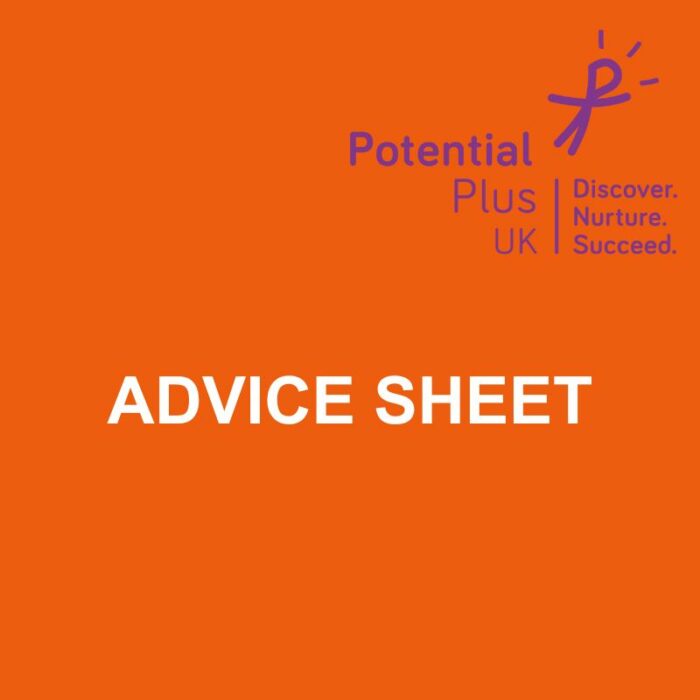 orange background with white capitalised text "advice sheet" purple Potential Plus UK logo in top right corner